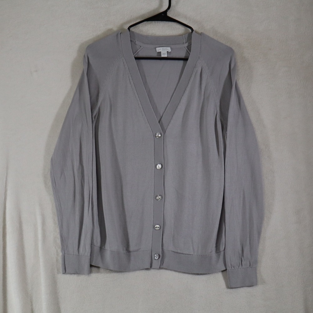 J.Jill Womens S Gray Organic Cotton Cardigan Sweater V Neck Button Front Raglan